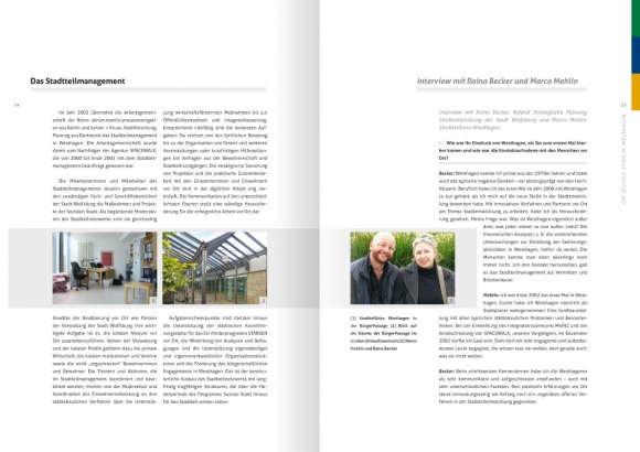 Design der Doppelseite 14/15 der von okamo aus Berlin gestalteten ca. 70-seitigen Broschüre „10 Jahre soziale Stadt Westhagen – Dokumentation“