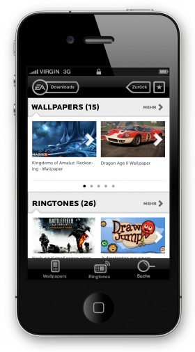Wallpapers und Ringtones beziehen sich in der EA2GO-Umgebung ausschließlich auf Mobile Games. Jedem Element ist ein Screen/Packshot zugeordnet