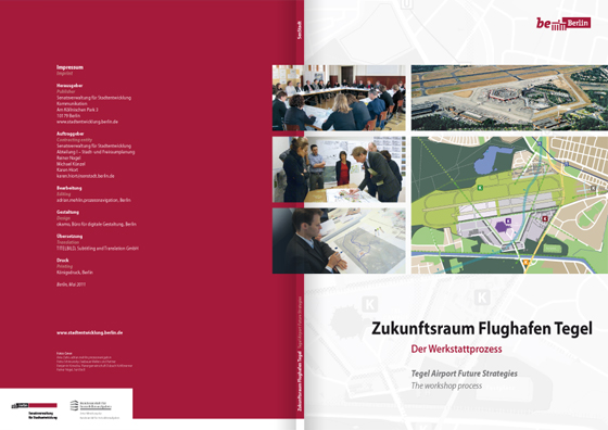 Von okamo aus Berlin im Rahmen des Stylelguides der Senatsverwaltung gestaltetes Cover-Design der Dokumentation „Zukunftsraum Flughafen Tegel – Der Werkstattprozess“