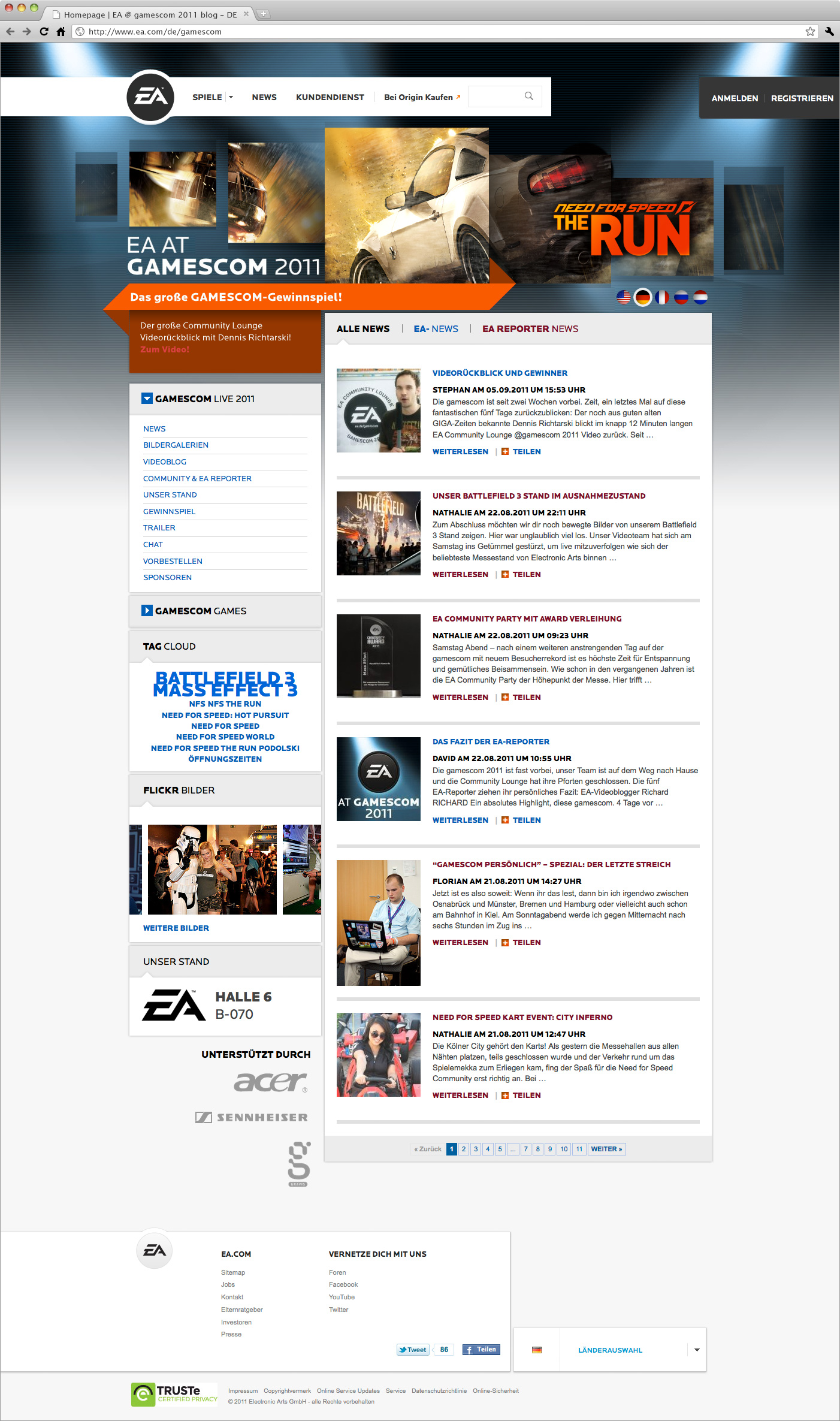 EA-at-gamescom-2011-Screen-Webdesign: Webdesign der von okamo aus Berlin gestalteten Homepage des Messewebauftritts von EA Electronic Arts auf der gamescom 2011 in Köln mit prominentem Headerbild und der zentralen Blog-Ansicht mit minutenaktuellen News von der Messe