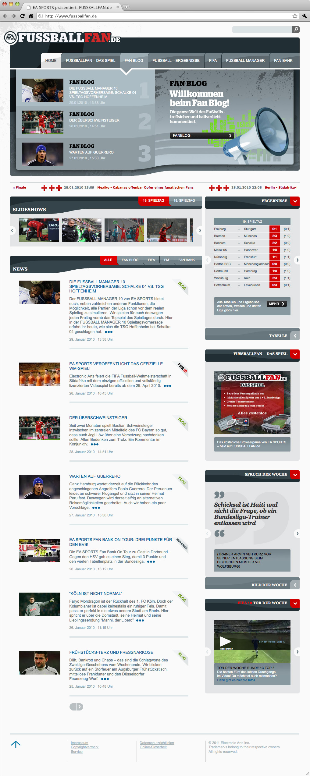 ea-fussballfan-webdesign-screendesign-startseite: Webdesign der von okamo aus Berlin gestalteten Homepage der EA Electronic Arts Website www.fussballfan.de