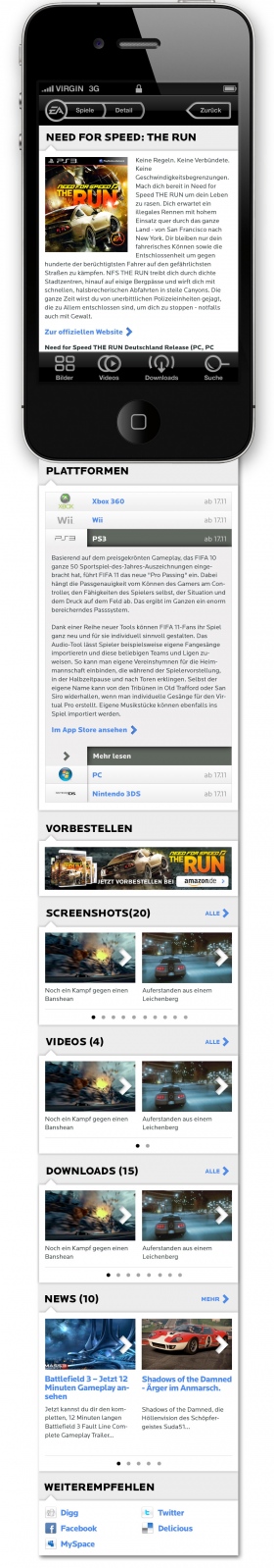 EA2GO Spieleeinzelansicht mit Lösungen zur Darstellung der allgemeinen Kurzbeschreibung ,der plattformabhängigen Features, der Möglichkeit zum Vorbestellen des Games, einem Slider zum Ansehen von Screenshots, Videos, Downloads und News sowie den üblichen Social-Features