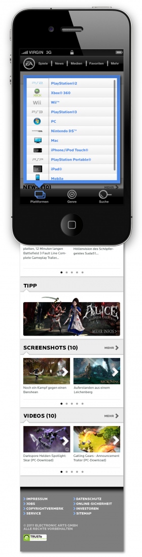 Viele der EA-Games sind in Punkto Release und Features stark von der technischen Plattform abhängig. Der bildet die Plattformauswahl einen von drei prominenten Menüpunkten. Dieser Screen von EA2GO zeigt die nach Tab auf das entsprechende Icon aufgerufene schwebender Plattform-Auswahl