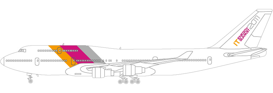 Von okamo aus Berlin gestaltete schematische Abbildung eines Großraumflugzeugs mit dem Logo-Design des IT Energy Summit 2011 von Client Computing und Innovation Norway