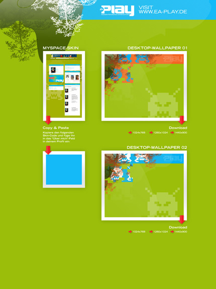 Von okamo aus Berlin f&uuml;r EA Electronic Arts gestaltete und programmiertechnisch umgesetztes Webdesign der Downloadseite der MySpace-Pr&auml;senz von �EA Play � Magazin f&uuml;r digitale Spielkultur�