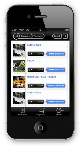 Ringtones können in der EA2GO-Umgebung direkt angehört und sich per Mail angefordert werden