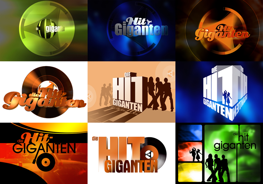 Eine Reihe von fr&uuml;hen Design-Studien zum von okamo aus Berlin gestalteten Logo-Design der gro&szlig;en Sat.1-Show �Hit Giganten� mit Hugo Egon Balder