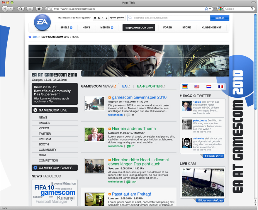Webdesign der von okamo aus Berlin gestalteten Startseite des Messewebauftritts von EA Electronic Arts auf der gamescom 2010 in Köln. Das Design fügt sich einerseits in die damalige Webgestaltung von EA ein und setzt sich andererseits doch selbstbewusst davon ab, um dem Nutzer zu signalisieren: dies ist ein besonderer Bereich der EA-Website, in dem innerhalb kurzer Zeit sehr viel zu erleben ist